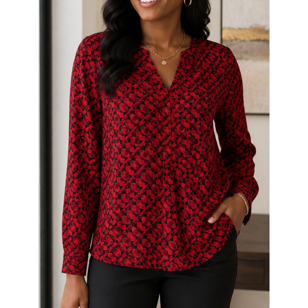 Dana Buchman Red Black Geometric Print Long Sleeve Split Neck Blouse Size L